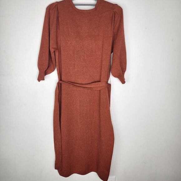 Betsey Johnson Puff Sleeve Tie Waist Sweater Dress Rust Orange Size Large - Picture 4 of 10